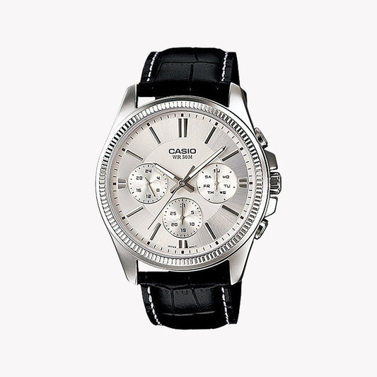 Classic Silver Quartz Watch with Black Leather Strap – Multifunction Design