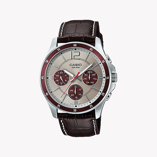Elegant Silver Quartz Watch with Brown Leather Strap – Multifunction Display