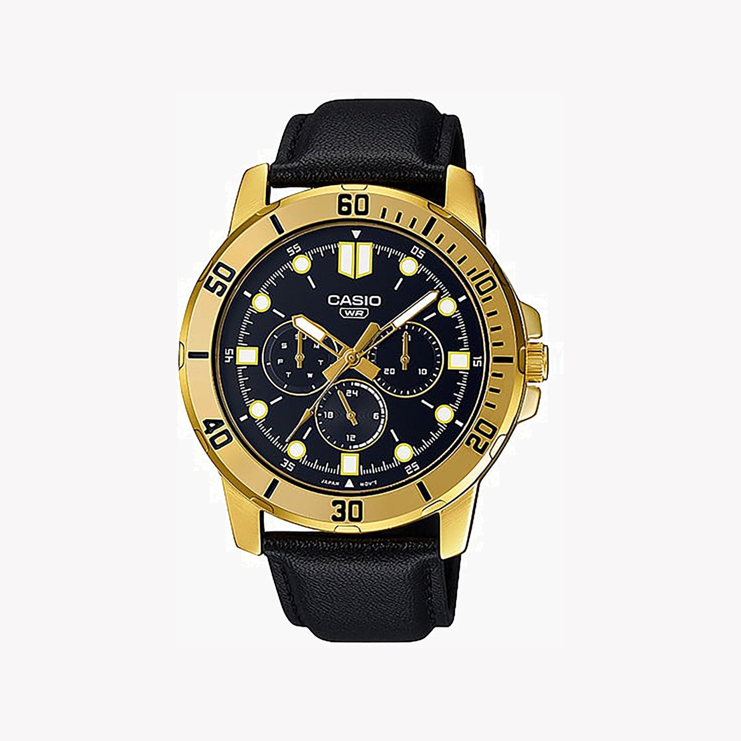 Gold-Tone Stainless Steel Watch with Black Leather Strap