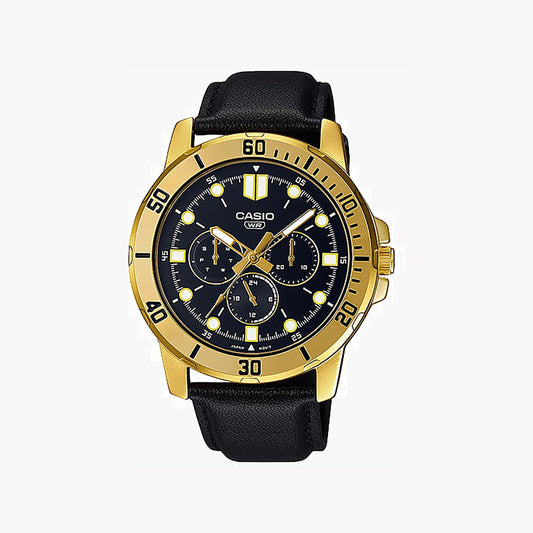 Gold-Tone Stainless Steel Watch with Black Leather Strap